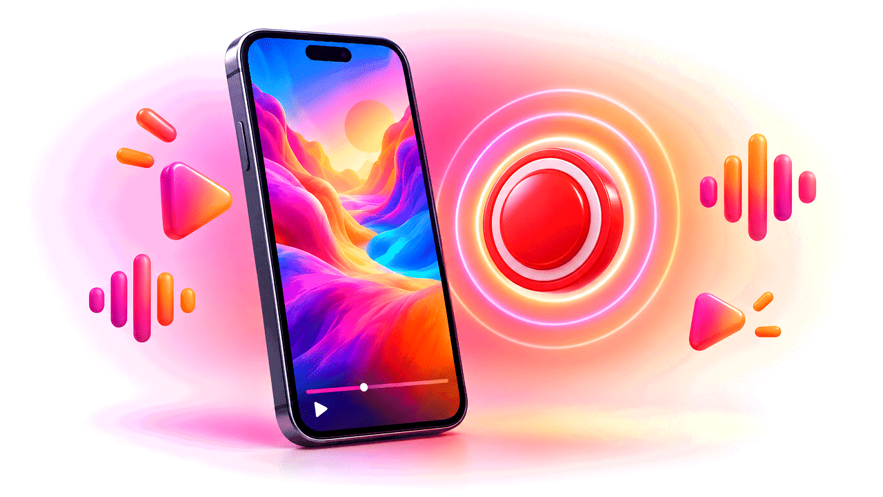 Smartphone with a glowing red recording dot and sound waves around it