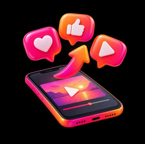 Phone with a video and like, heart and play bubbles