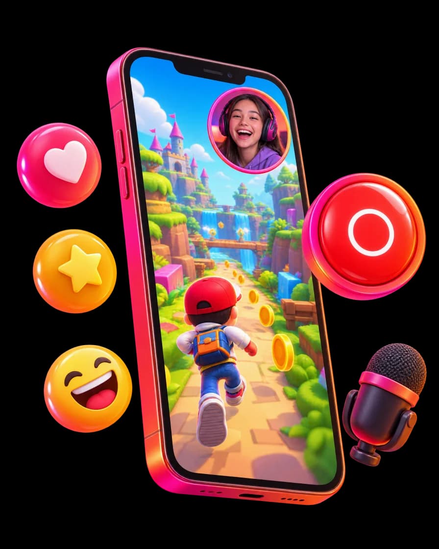 Phone recording a game with a face cam bubble, a record button and reaction emoji