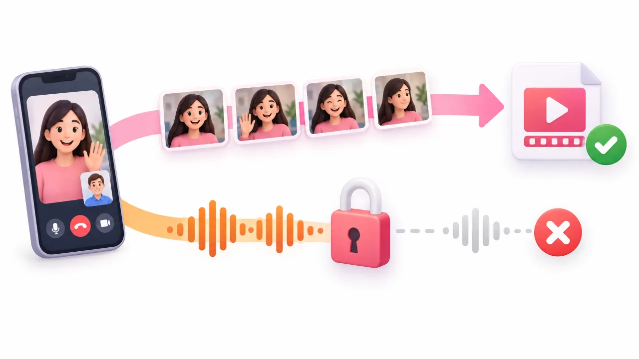 Diagram: call video reaches the recording, call audio is blocked by a padlock
