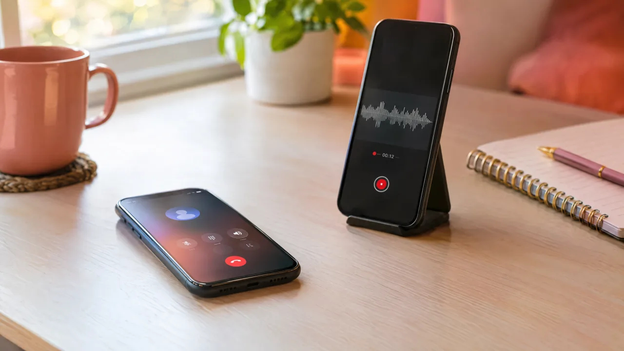 A phone on speaker next to a second phone recording the call