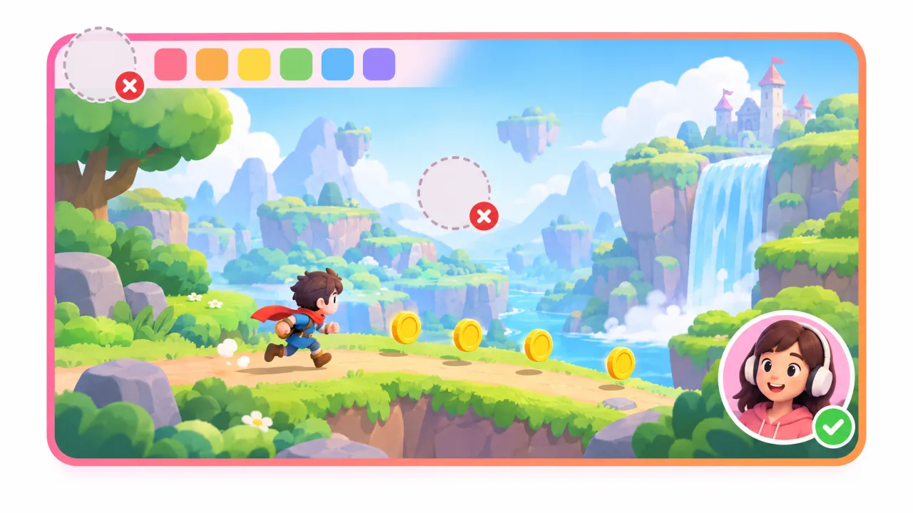 Game frame with the face cam bubble in the bottom-right corner; the center and the top-left corner are crossed out