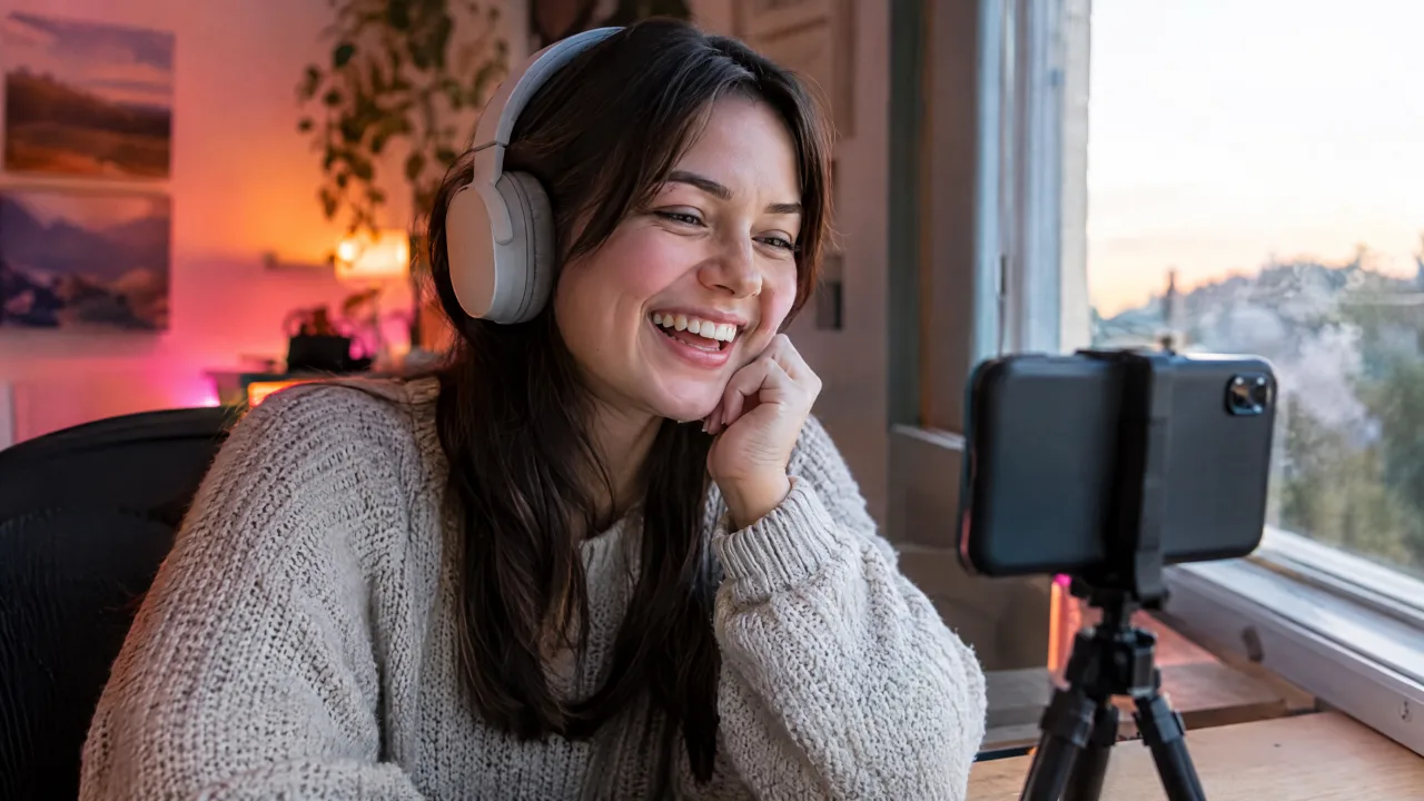 Person with headphones, lit by a window, laughing at a phone on a tripod