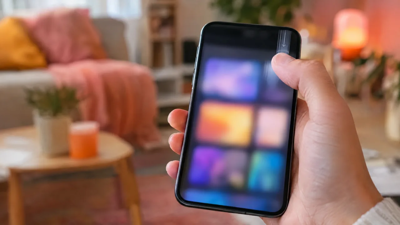 Thumb swiping down from the top-right corner of a phone screen