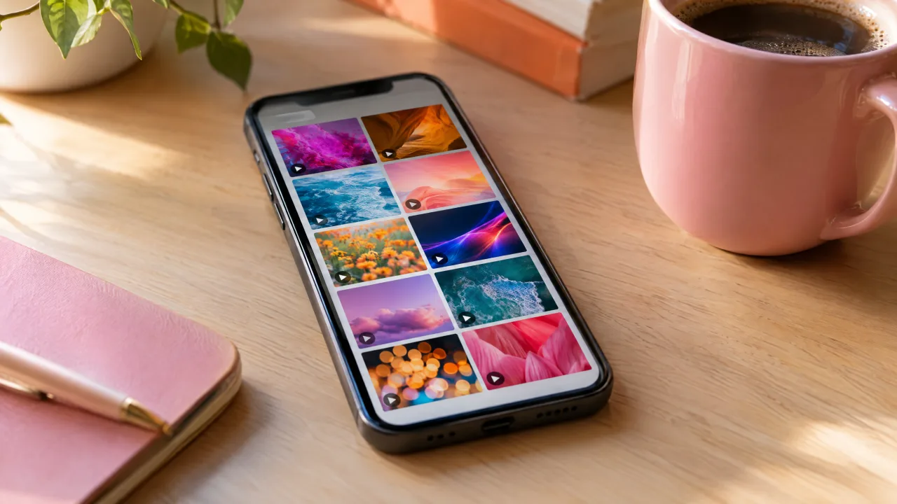 Phone on a desk showing a gallery of video thumbnails
