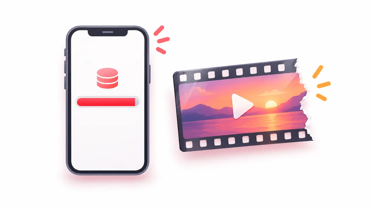 Phone with a full storage bar next to a video filmstrip that is cut off